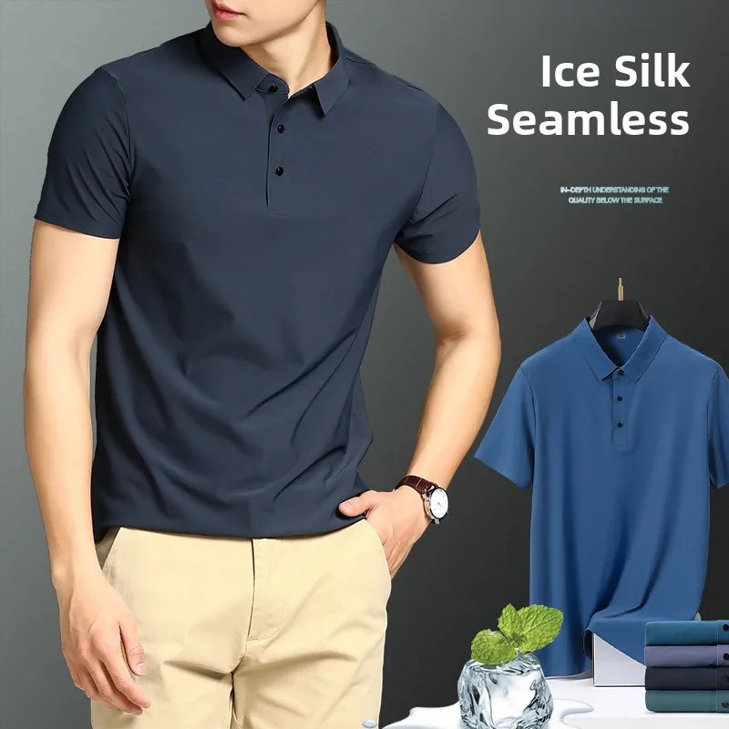 

Ice Silk irt Men's ort Sve Summer Lightweight Busin Casual Slim Fit Casual Turn-down Collar T-irt Base irt