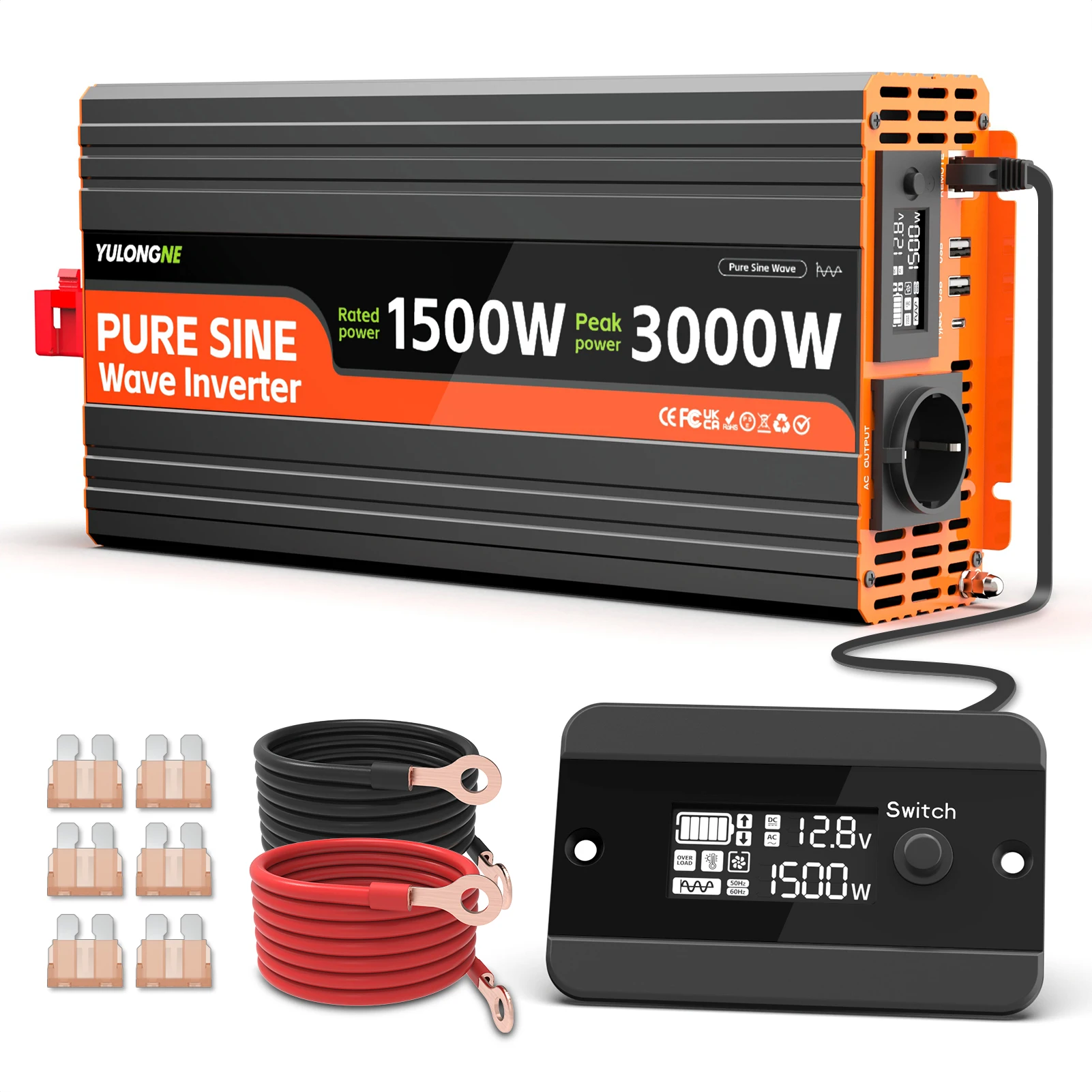 Inversor de Corriente de Onda Sinusoidal Pura YULONGNE de 1500W/3000W Pico, de CC 12V a CA 220V/230V, con Pantalla LCD y Control Remoto para Energía Solar Fuera de la Red