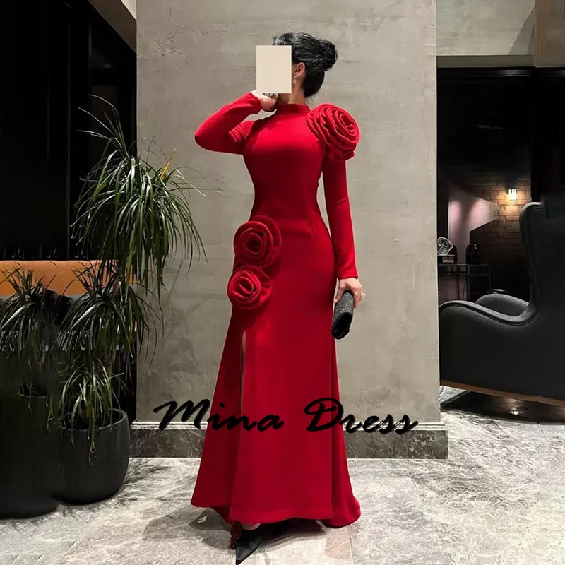 

Mina Customized Plateau Collar Elegant Woman Ceremony Dresses 2024 Long Sleeves Slit Flowers Luxury Dress for Weddings Evening