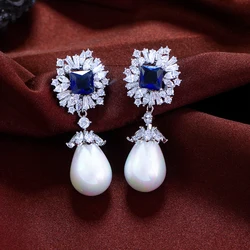 ThreeGraces Vintage Luxury Blue Square Zirconia Long Big Simulated Pearl Earrings for Women Fashion Bridal Party Jewelry E1969