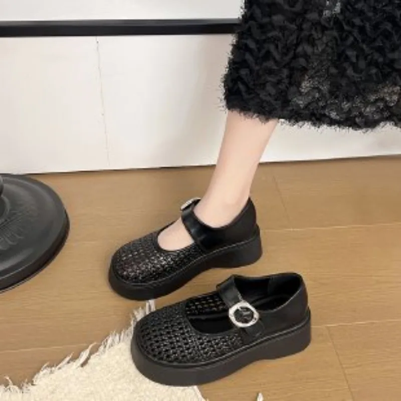 Women White Hollow Woven Mary Jane Shoes Ankle Strap Platform Sandals Ladies Breathable Height‑Increasing Summer Footwear