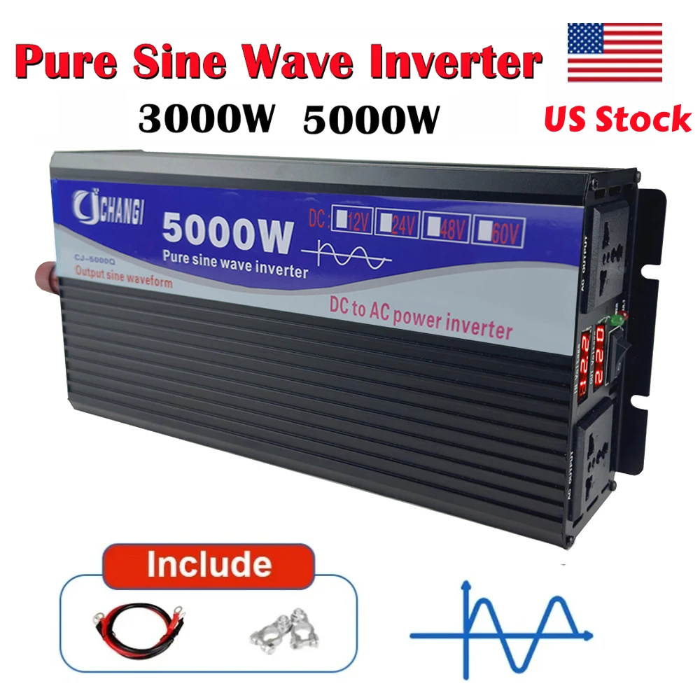 Pure Sine Wave Inverter 3000W 5000W DC 12V 24V 48V 60V 72V to AC 110V Digital Display Converter for Home RV Solar System