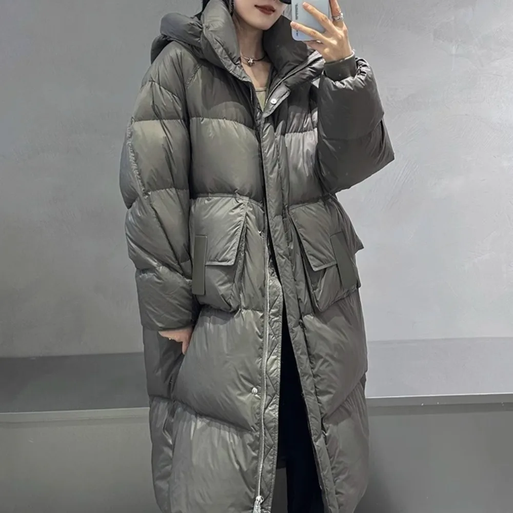 Down Jacket Women 2024 New Hooded Knee Length Loose Puffer Jacket Winter Thicken Warm Waterproof Duck Down Coat Fluffy Parkas