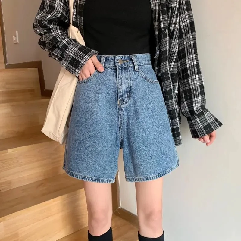 American Retro Blue Wide Leg Denim Shorts Women's Spring Summer New High Waist Slimming Loose Fit Thermal Pants Y2K