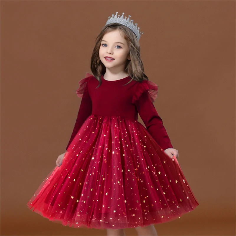 2024 Red Christmas Dress for Baby Girls Winter Long Sleeve Mesh Dresses for 3-8Yrs Kid Star Sequin Birthday Party Princess Dress