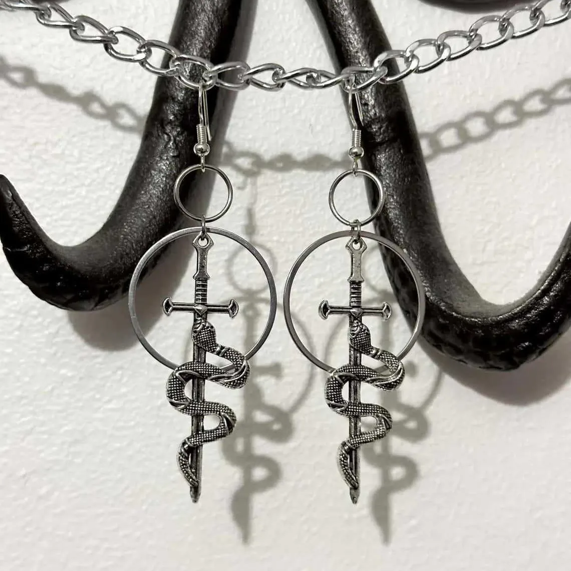 

Snake sword earring,Gothic jewelry,Vintage,Punk accessory,Witch,pagan,mystery,venomous snake,medieval,ear hook For Women Girls