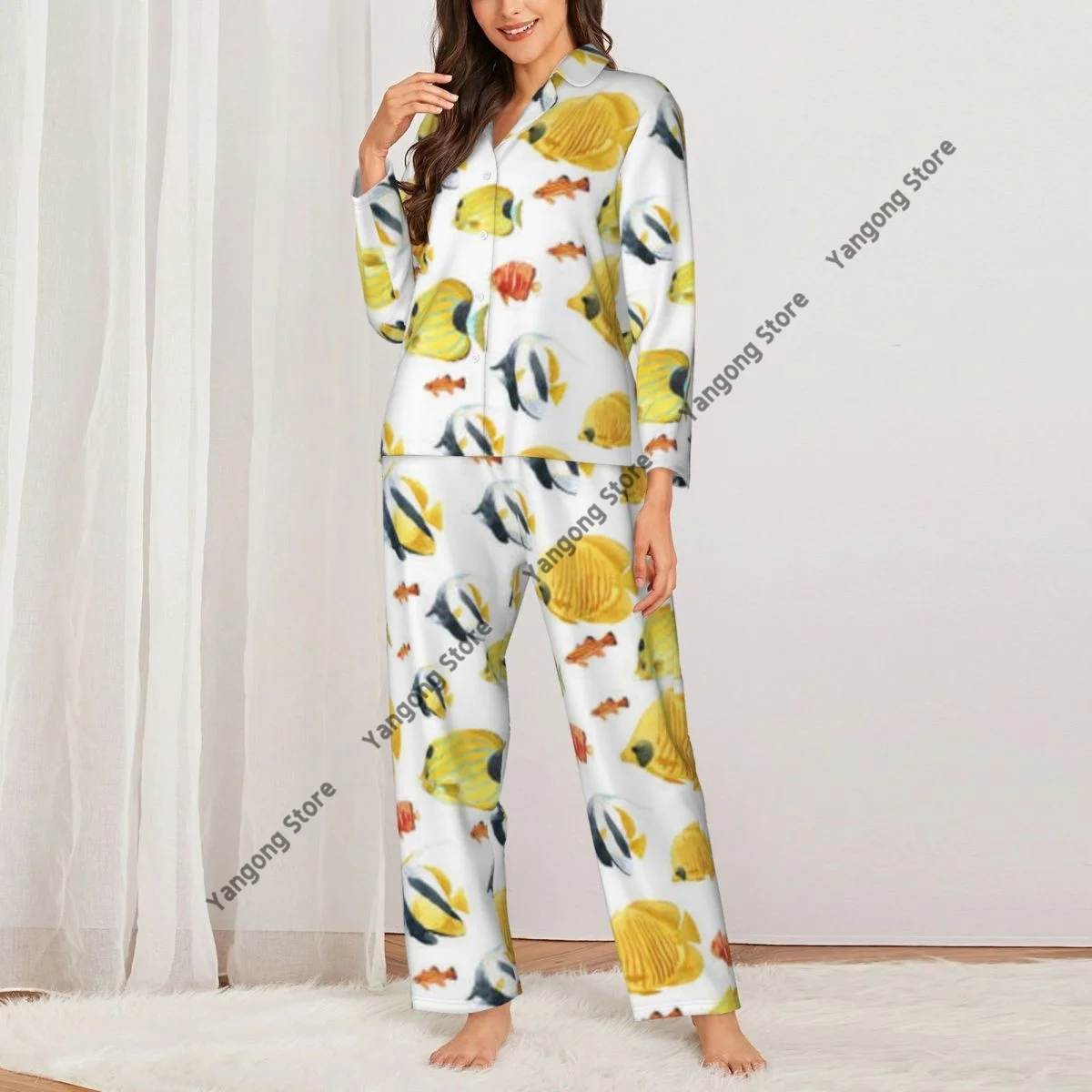 Spring and Autumn Long Sleeve Pants Pajamas Loungewear Set Underwater Fish Women's Pull Edge Loose Sleeping Suit