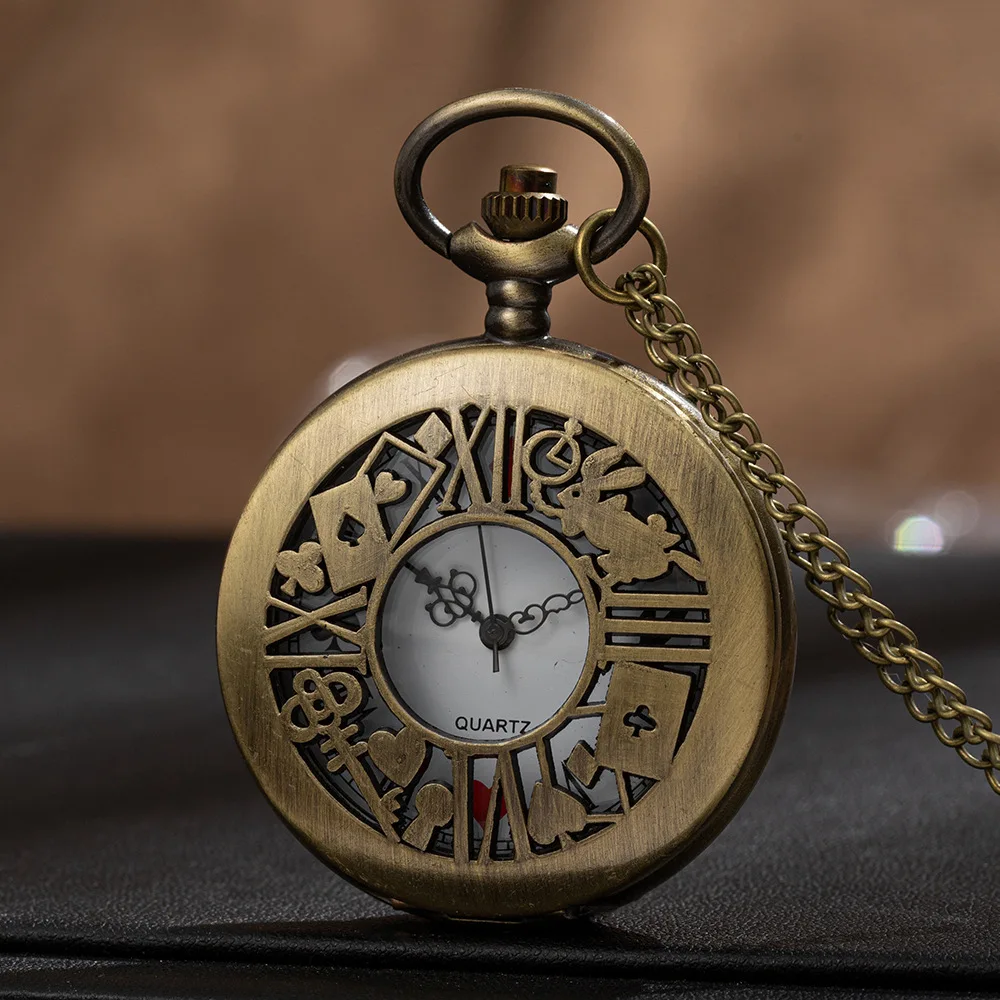 New Bronze Quartz Pocket Watch Retro Alice Theme Pocket Fob Watch Pendant Necklace Pocket Watch Men Womens Gift