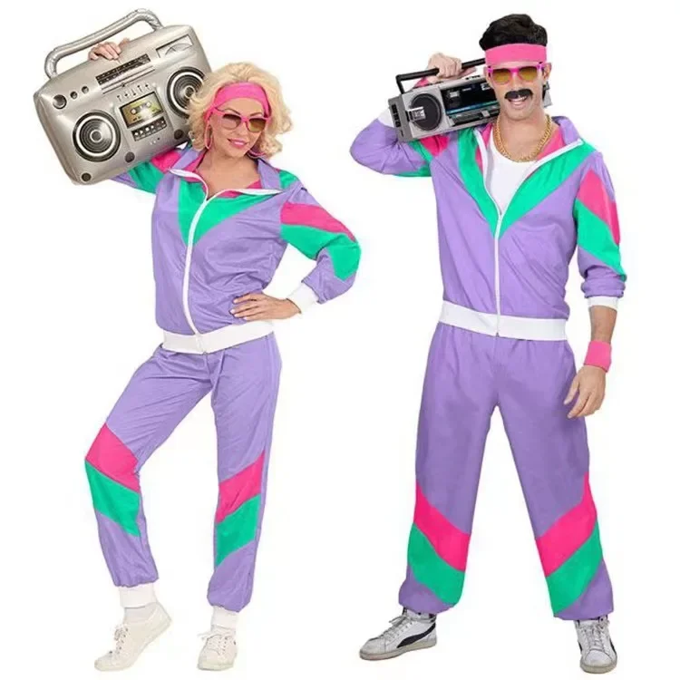 Adult Men Women Vintage 80s Hip Hop Disco Cosplay Hippie Costume Halloween Purim Carnival Party Couple Tracksuit Outfit