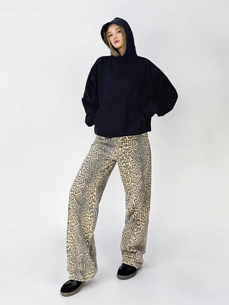 HOUZHOU High Street Leopard Print Jeans Women Y2k Vintage Loose Casual Wide Leg Trousers Hip-hop Grunge Denim Baggy Cargo Pants