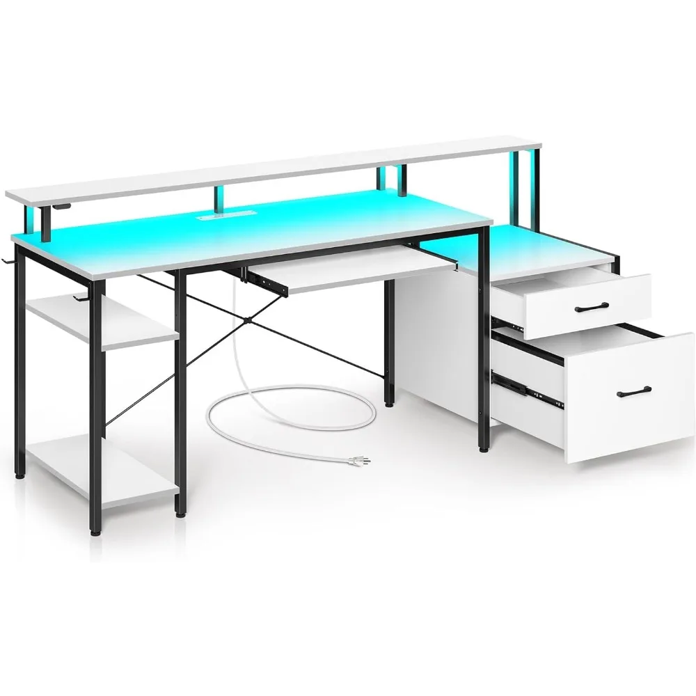 Mesa do computador com gaveta de arquivos, mesa de jogos, luz LED, Power Outlets, Home Office Desk, gabinete, 63"