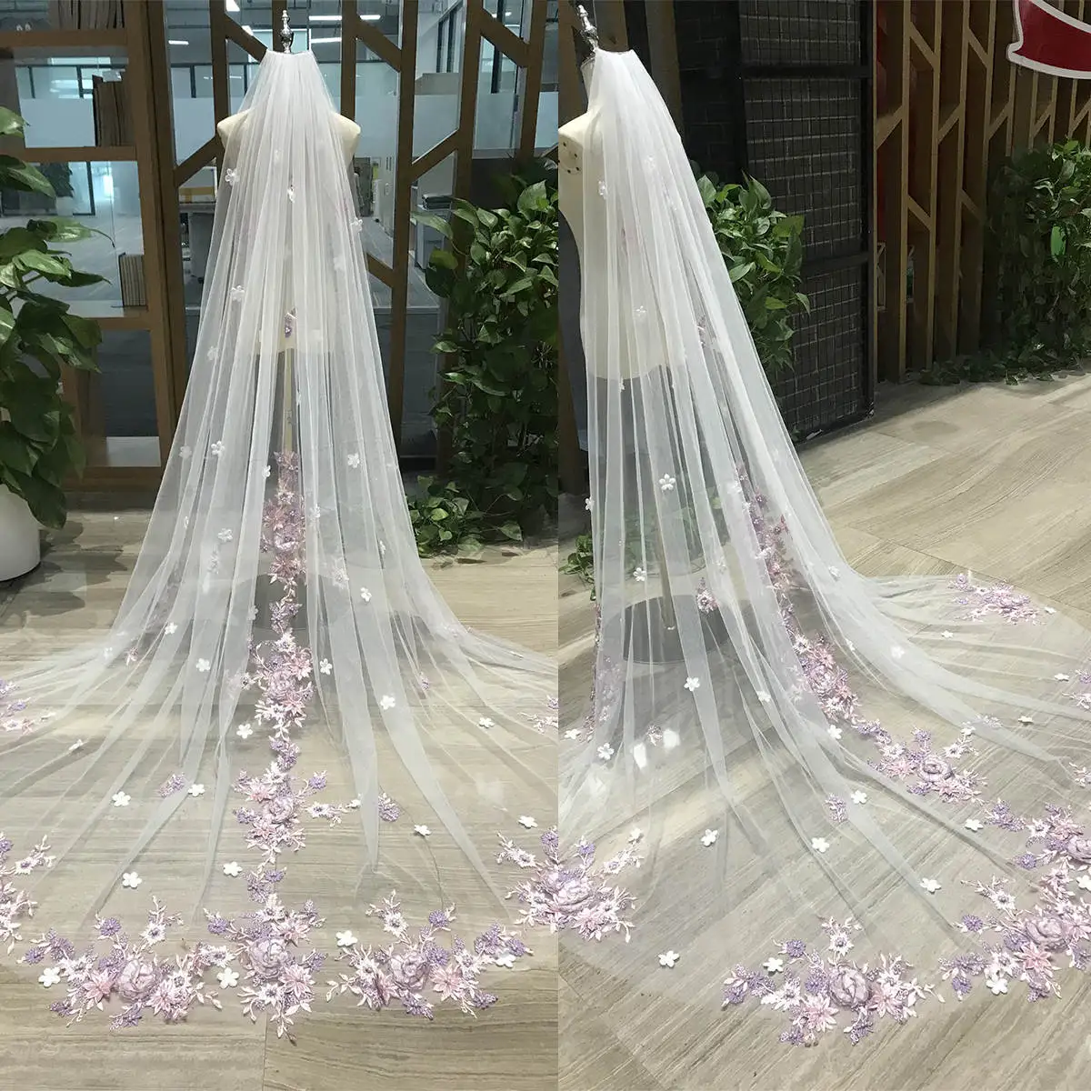 Colorful Appliques Colored Flowers Wedding Veil One Layer Long Chapel Length  Veils Applique Edge  Velo De Cabeza