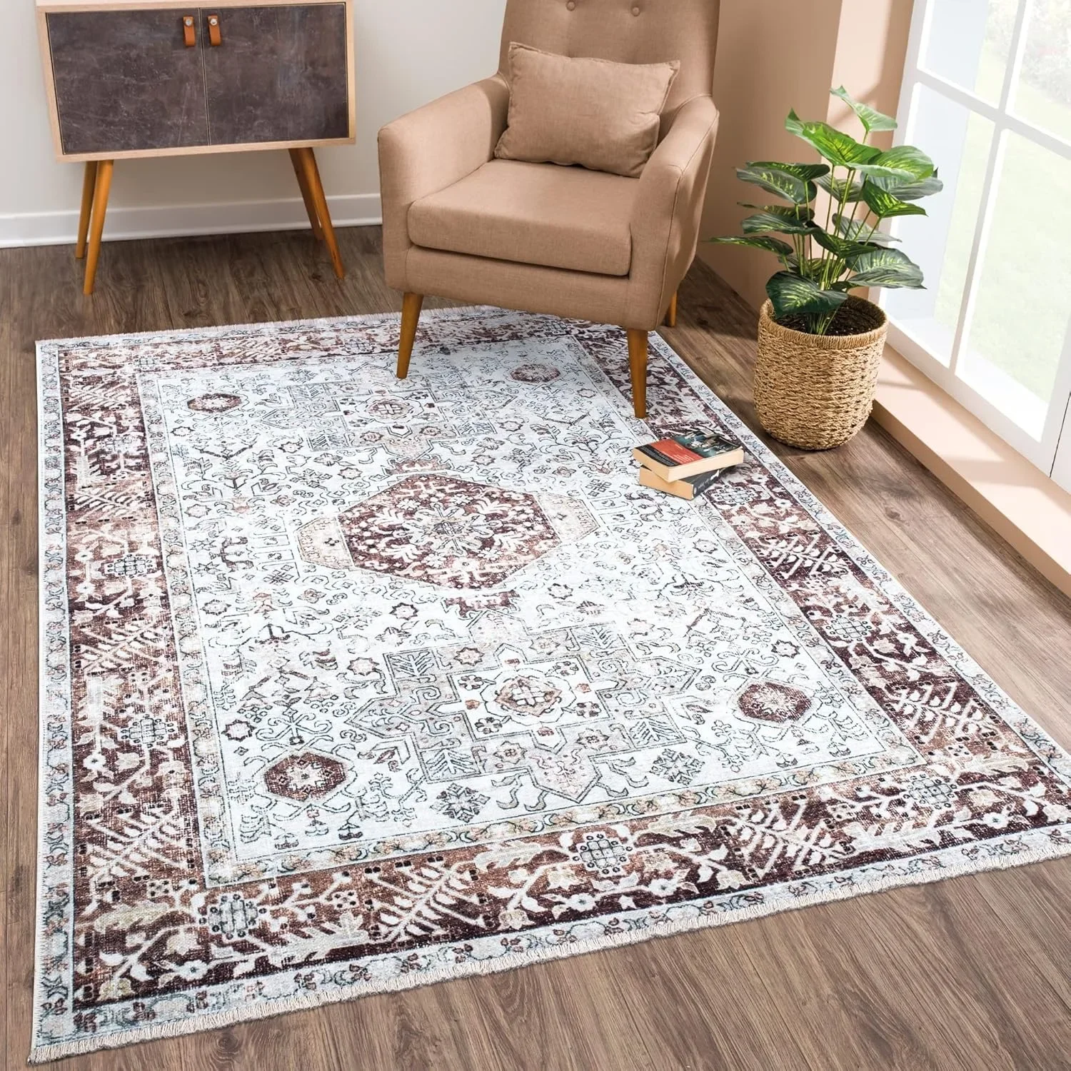 

Caria Washable Non-Slip 9x12 Rug - Beige/Brown Traditional Area Rug for Living Room, Bedroom