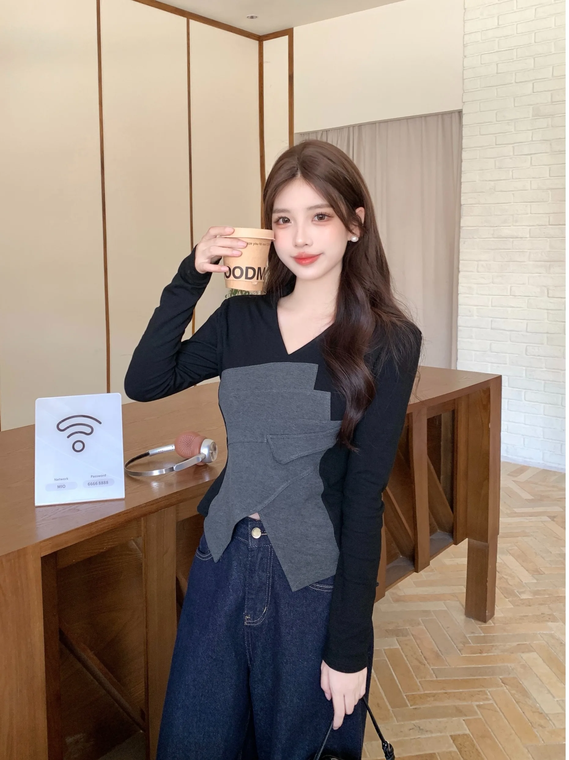 

plus Size Women's Long Sleeve T-Shirt Asymmetrical High Waist Slimming Split Pure Desire Style Commute Korean Style Autumn Wi...