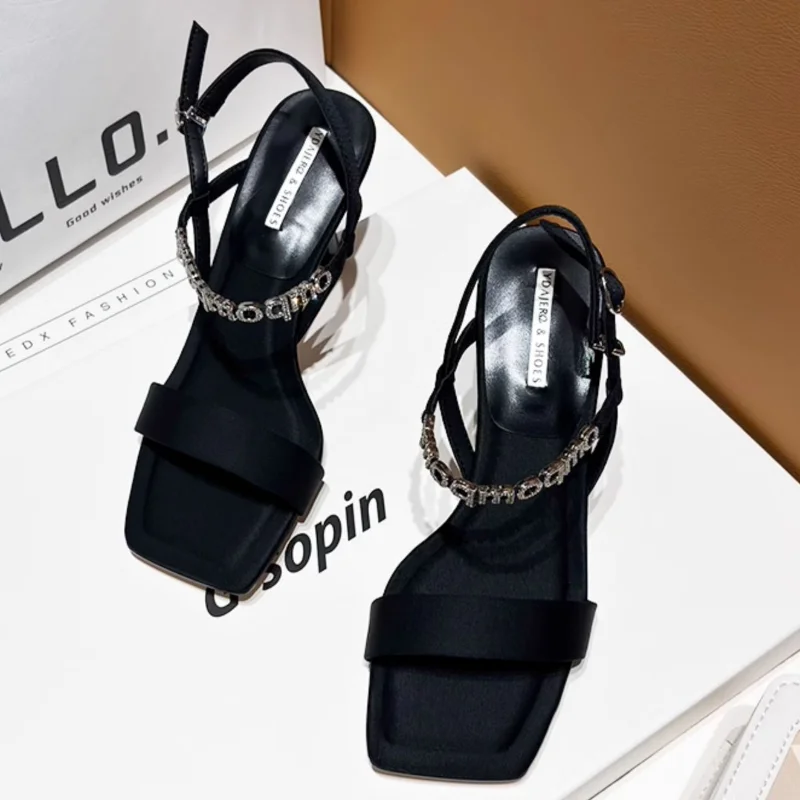 Square Toe Thin Heeled Sandals Women Summer 2024 Fashion Rhinestone Letter Design Pumps Women Cross Strap Black High Heels