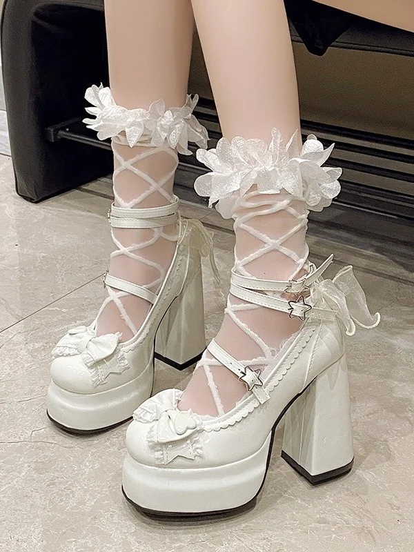 

Original Large Size High Heel Lolita Shoes Princess Girl School Single Shoes Mary Janes Women's Footwear Knot Design