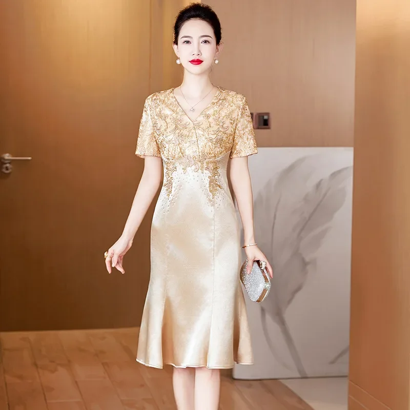 

Yourqipao 2024 New Summer Short-sleeved Mother Of The Bride Cheongsam Chinese Qipao Fishtail Skirt For Women