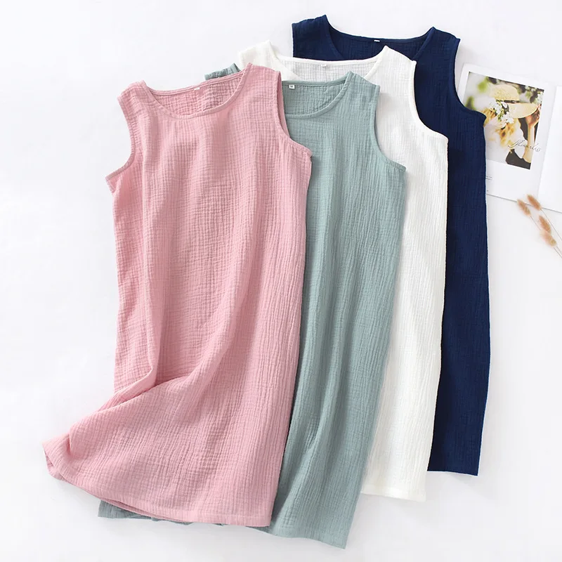 

Women's Summer Pajamas Crepe Cotton Boho Nightgown Sleeveless Loose Lounge Dress O-Neck New Long Maxi Home Vacation Sleepwear