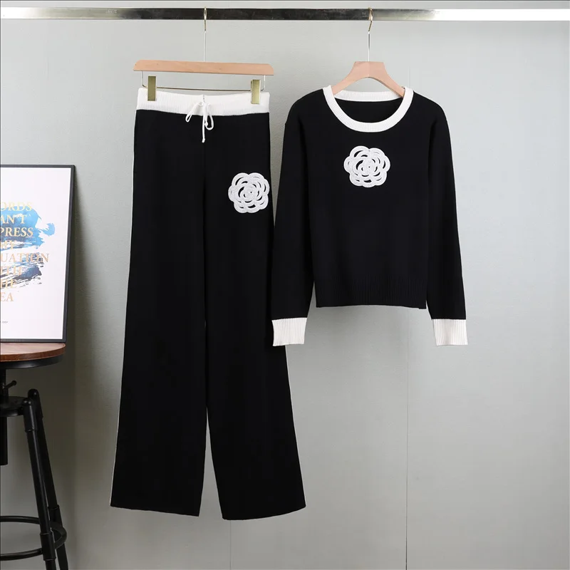 Autumn Winter 2 Pieces Women Sets Knitted Tracksuit Turtleneck Sweater and Straight Jogging Pants Suits