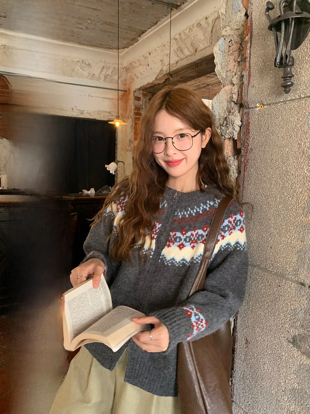 

Женский свободный кардиган с узором Fair Isle, весна 2026, корейский ретро-стиль, универсальный верхний слой, мягкий акрил и вискоза