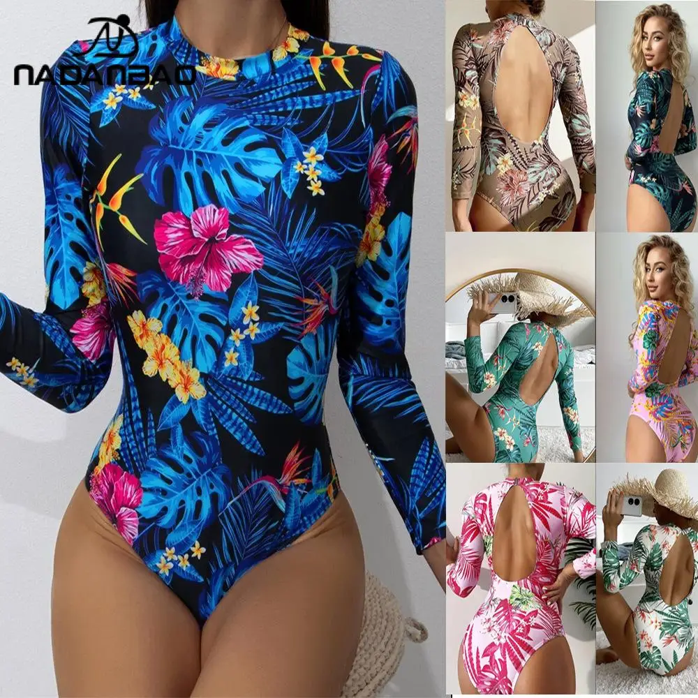 NADANBAO Women Long Sleeves One Piece Swimsuits Sexy Backless Swimwear Printing Body Suits Bathing Suit Summer Beach Wear