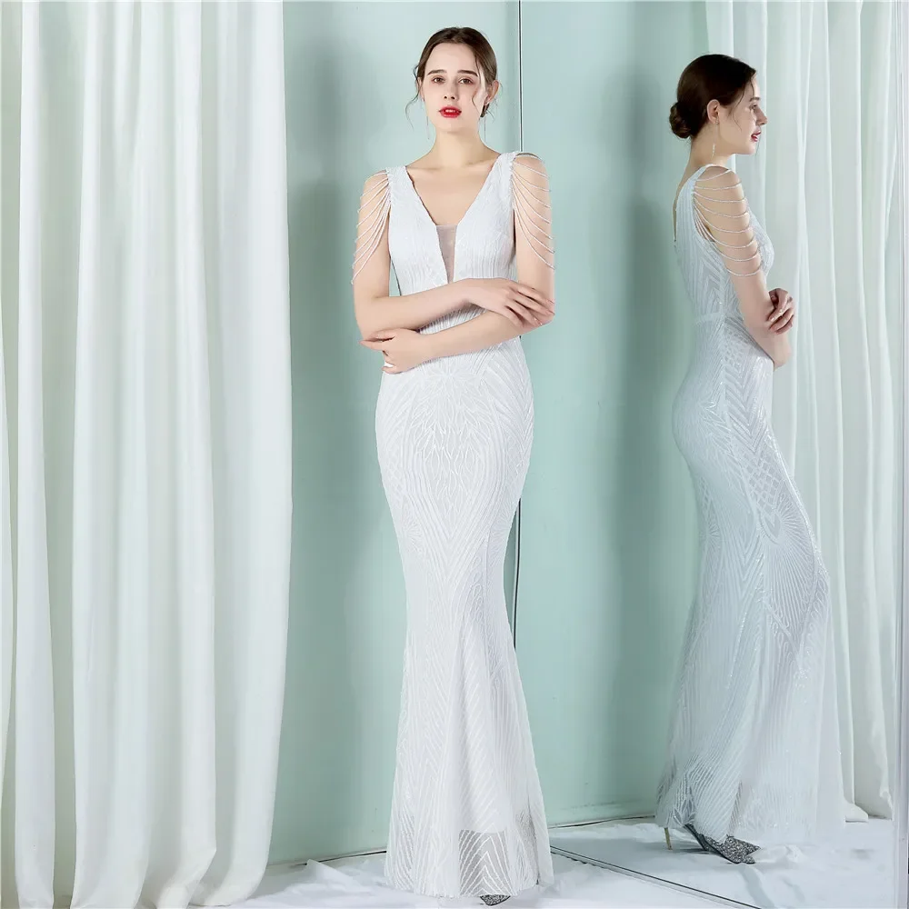 

Evening Dress White Sequins Stretchy V-neck Beads Sleeves Zipper Back Mermaid Trumpet Floor Length Women Party Formal Gown YE130