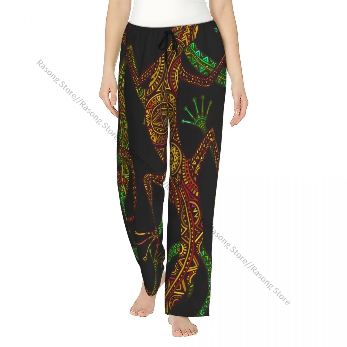 

Warm Women Pajama Pants Ethnic Tribal Lizard Salamander Flannel Sleep Bottoms Soft Fleece Loungewear