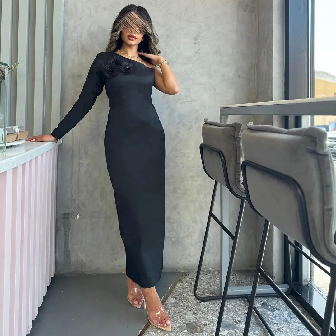 

Elegant Black Long Sleeves Prom Dresses One Shoulder Pleated Flowers Ankle Length Party Dresses Back Zipper Evening Dresses