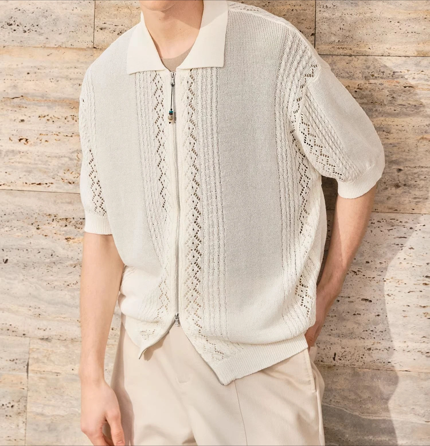 

New Hollowed Out Striped Zipper Knitted Short Sleeved Cardigan Men's Summer Shirt Top