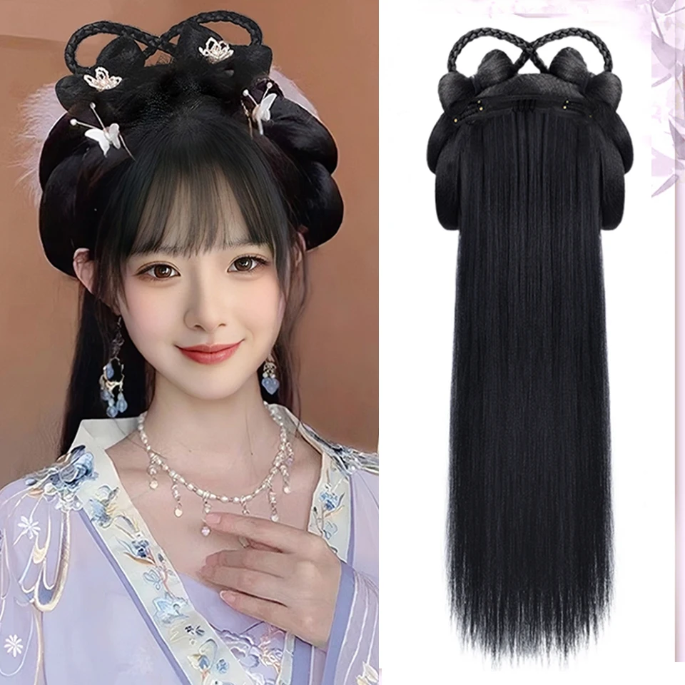 AS-Perruque Alberese Prairie Hanfu Noire pour Femme, Accessoire de Coiffure pour Photographie et brev, Chignon Intégré