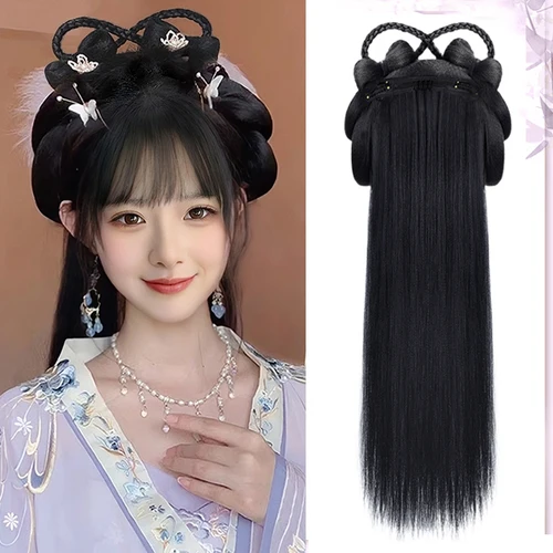 AS peluca antigua china para mujer, pelucas Hanfu, tocado, fotografía, accesorio de baile, pelucas negras para mujer, moño de pelo integrado