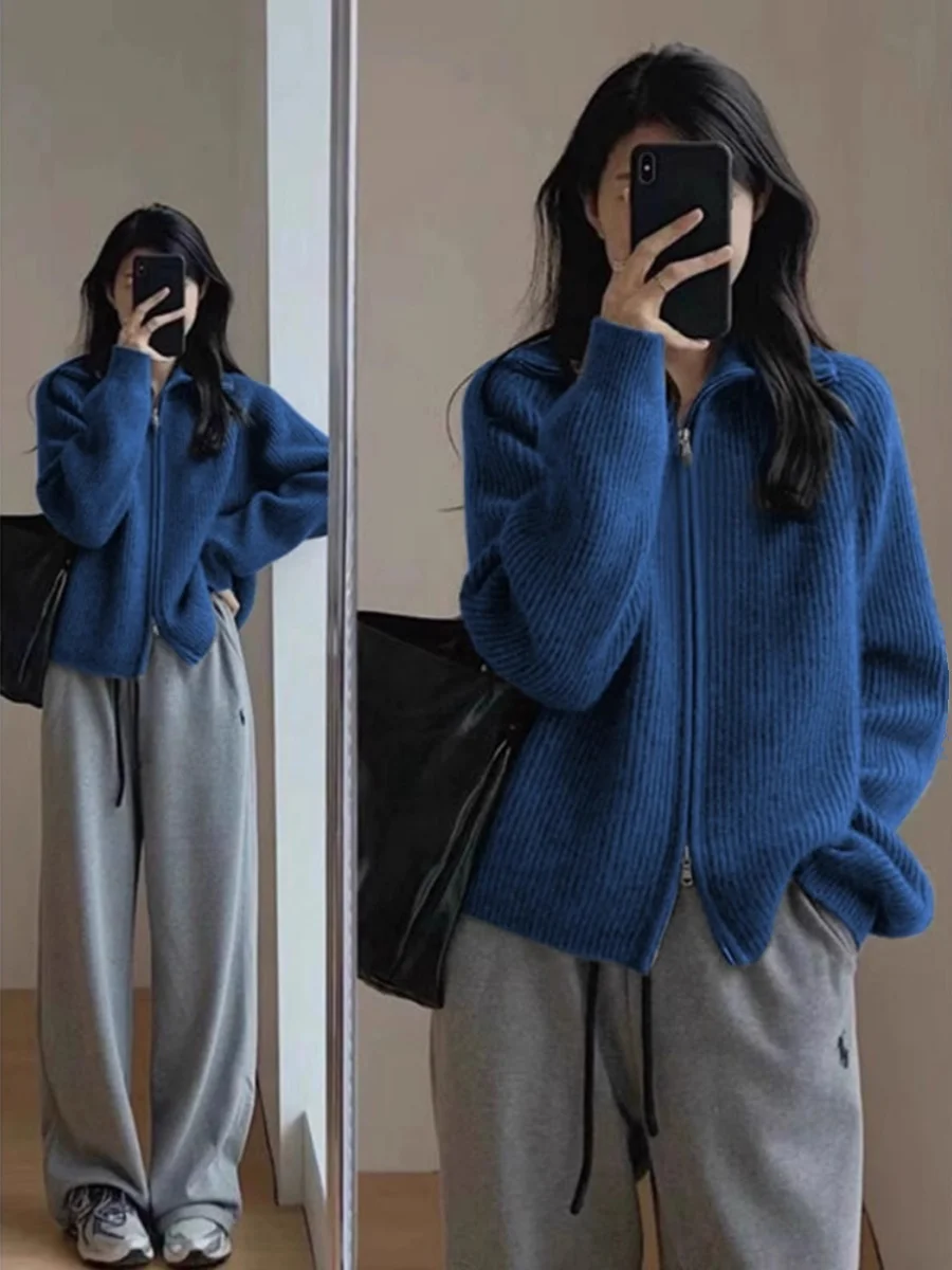 Blue Zip-up Sweater Women Autumn and Winter 2023 New Knit cardigan Outerwear Loose Thickened Inner wear Lapel Top