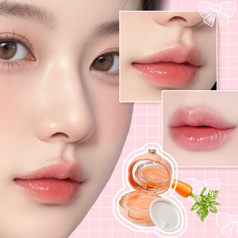 Fancy Lip Mask with mirror Dip Brush - แครอทเชอร์รี่ว่านหางจระเข้ Lip Treatments, Moisturizing & Glossy Finish, ทุกสภาพผิว