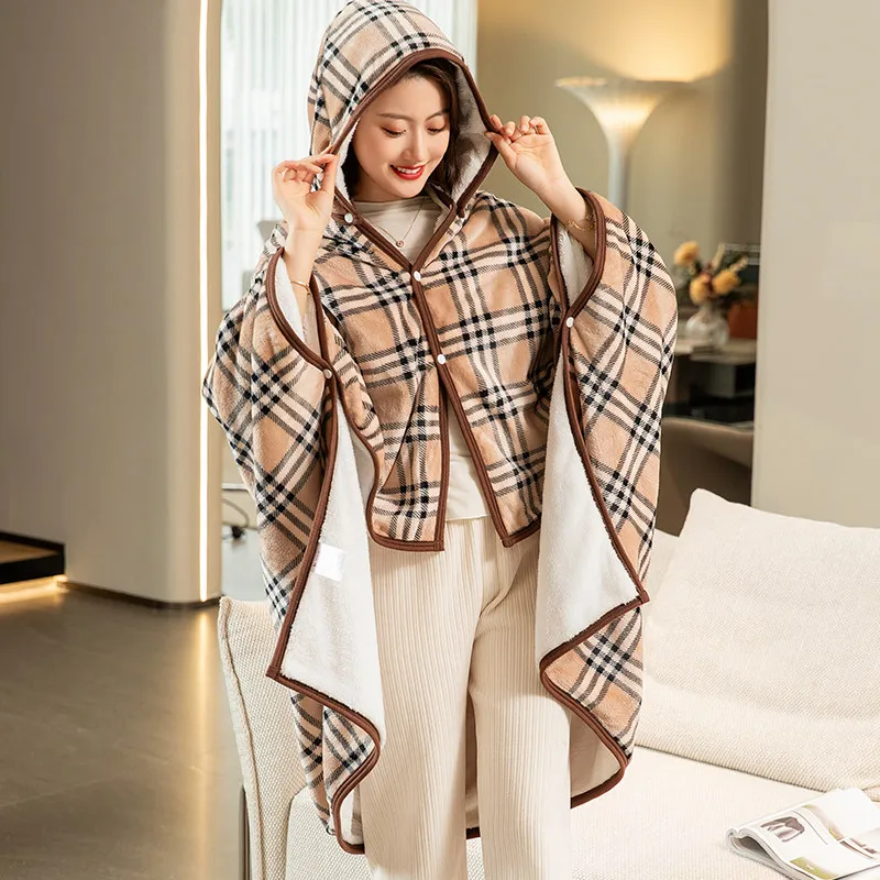 Autumn and winter thickened warm flannel double layer lazy shawl blanket office air conditioning student nap cape blanket