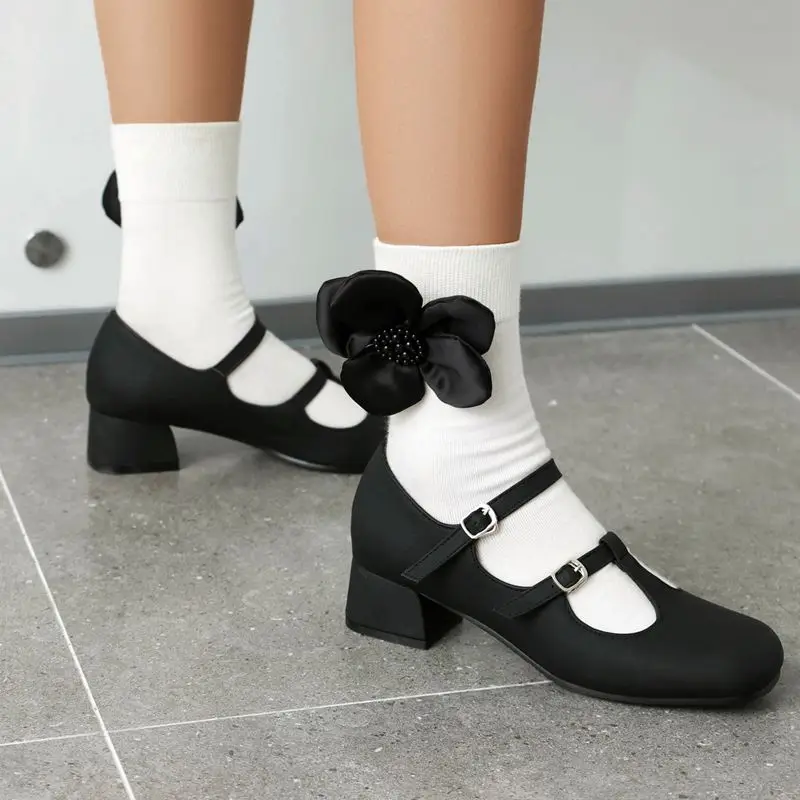 REAVE CAT Spring Female Pumps Toe Chunky Heels 4cm Buckles T-strap Big Size 41 42 43 Soft Leisure Daily Janes Shoes