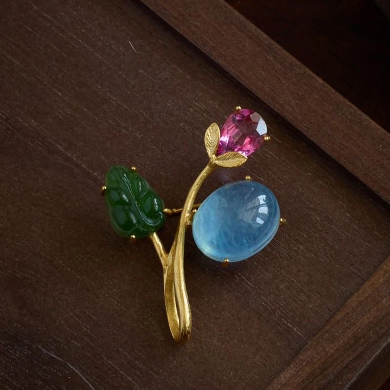 

Брошь из натурального аквамарина и нефрита, ремесленная винтажная серебряная булавка с драгоценными камнями, уникальные минималистичные массивные ювелирные изделия с цветочным принтом