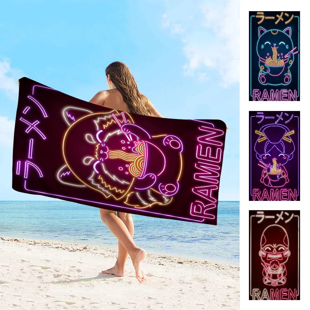 

Neon Japanese Food Ramen Sushi Cat Beach Towel Colorful Bath Towels For Girl Microfiber Quick Dry Custom Sand Free Beach Pool