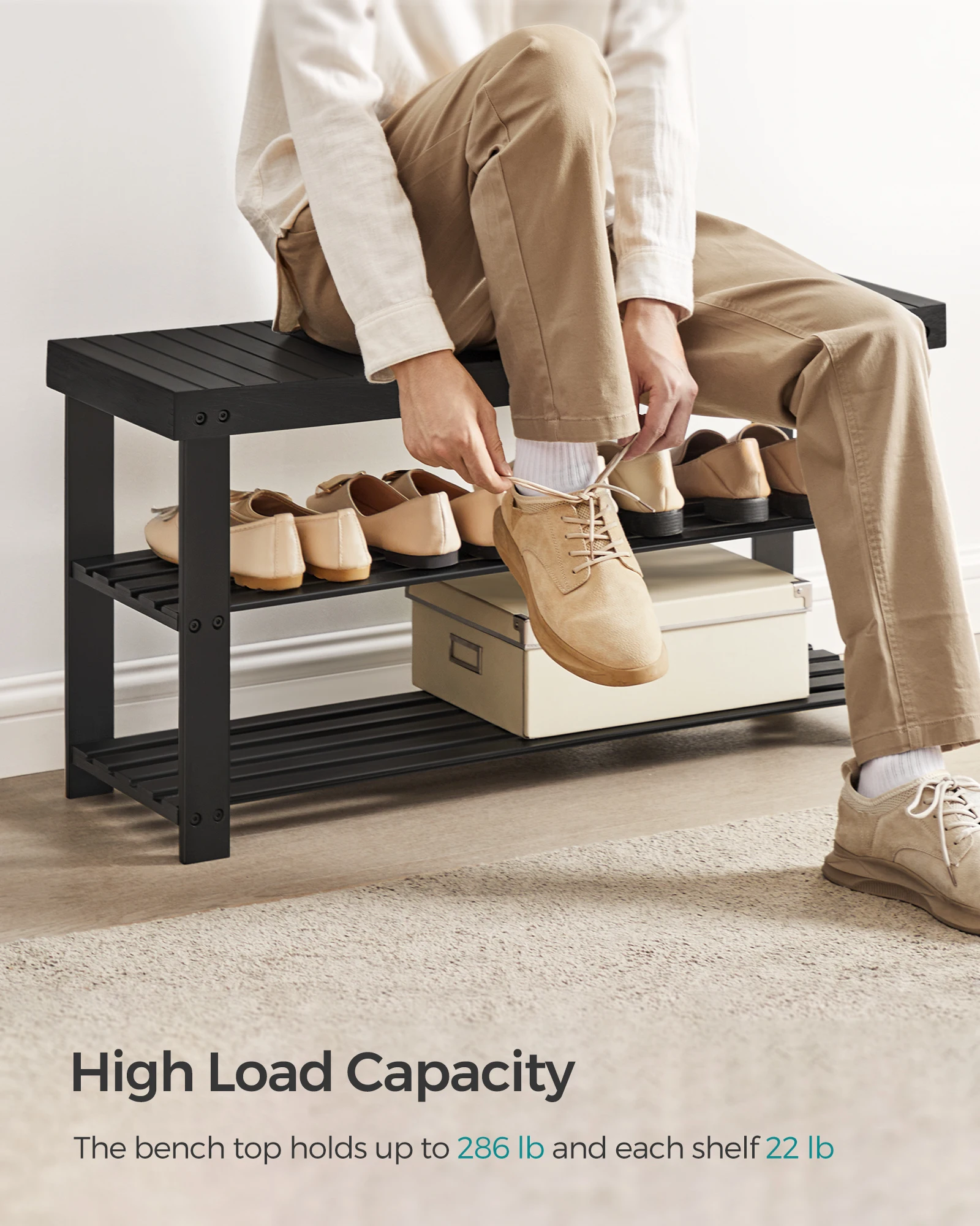 Shoe Rack Bench, 3-Tier Bamboo Shoe Storage Organizer, Entryway Bench, Holds Up to 286 lb