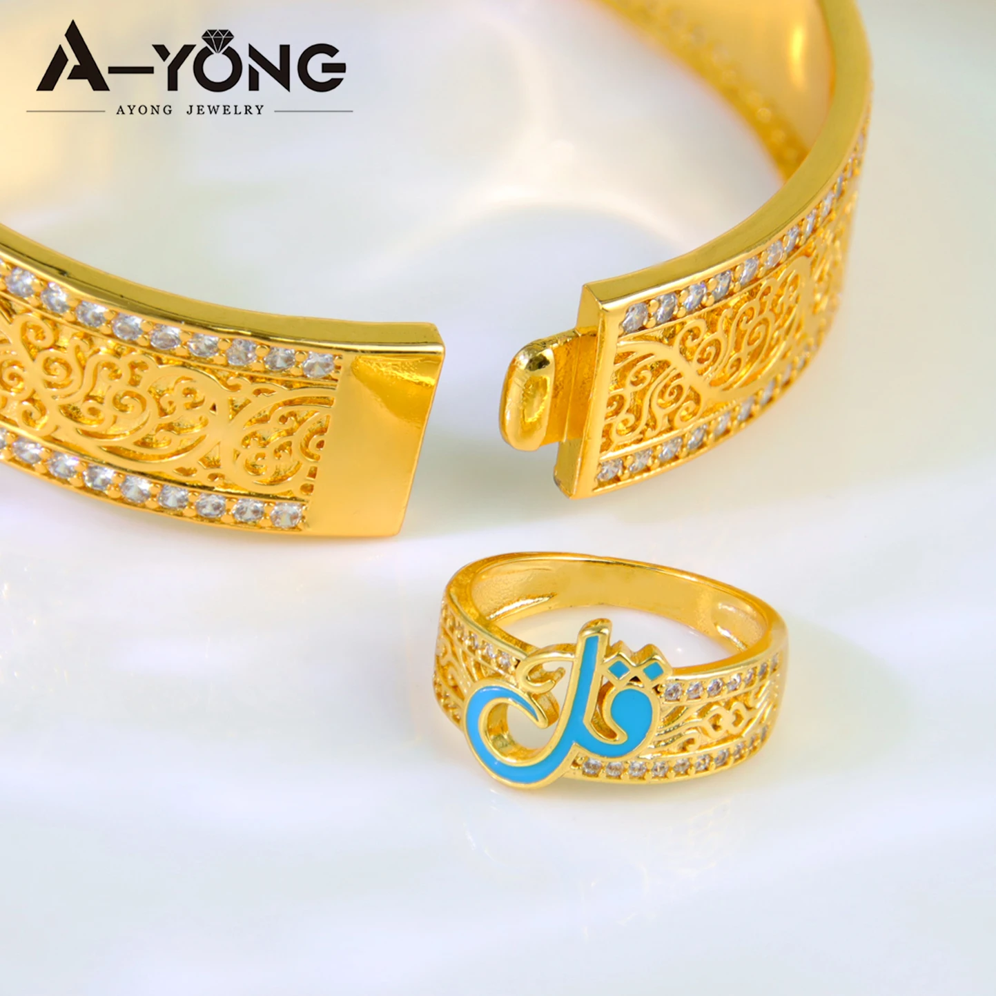 Elegant Dubai Gold Color Jewelry Set 21k Gold Plated Italian Zircon Fashion Bracelet Ring Brazilian Women Wedding Party Jewelrys