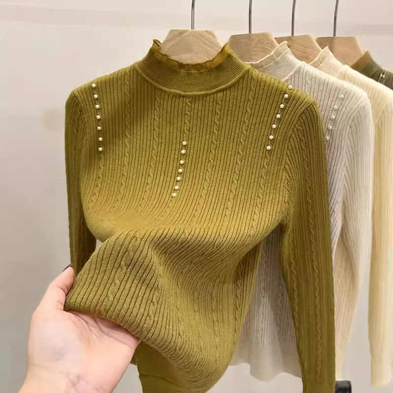 Fungus Edge Half Turtleneck Sweater Women Pullover Autumn Winter Solid Color Bottomed Knitted Sweater Jumper Female Casual Tops