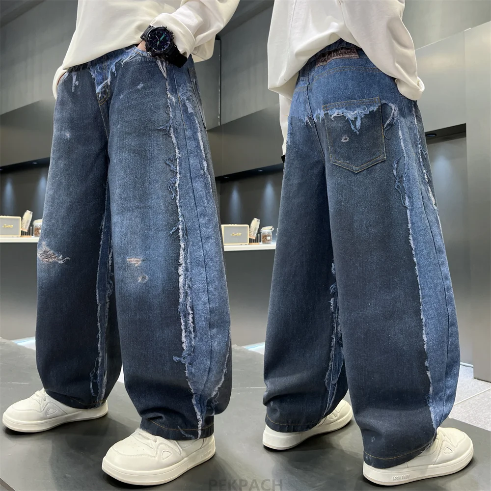 New Kids Designer Fashion Ripped Jeans with Raw Hem for Tweens Boys Cool Denim Pants School Children Streetwear Jeans Trousers