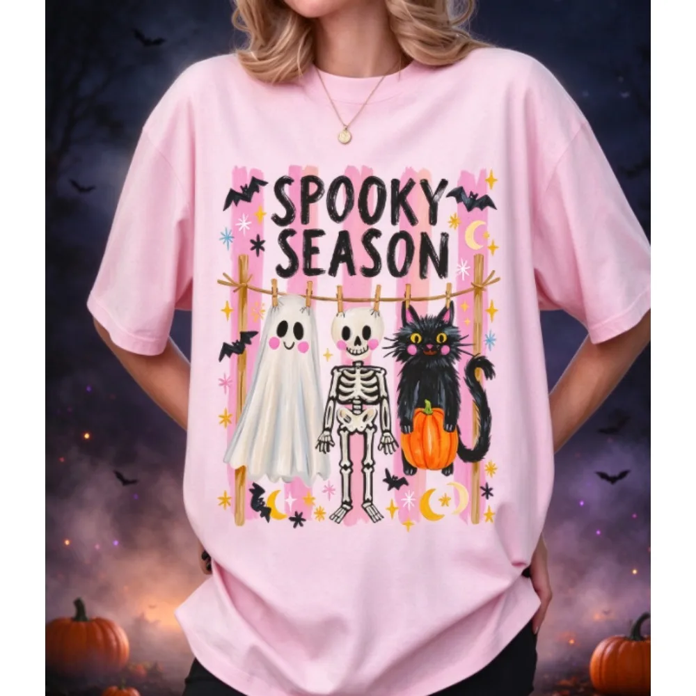 Spooky Season Halloween Graphic T Shirt For Women, Cute Ghost Skeleton Black Cat Laundry Line Print Casual Short Sleeve