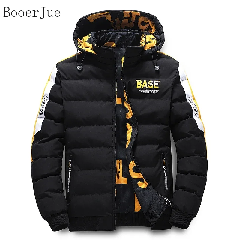 Reversible Double Sided Design Men's Autumn Winter Printed Hooded Cotton Jacket Thickened Windproof Sports Casual Outerwear