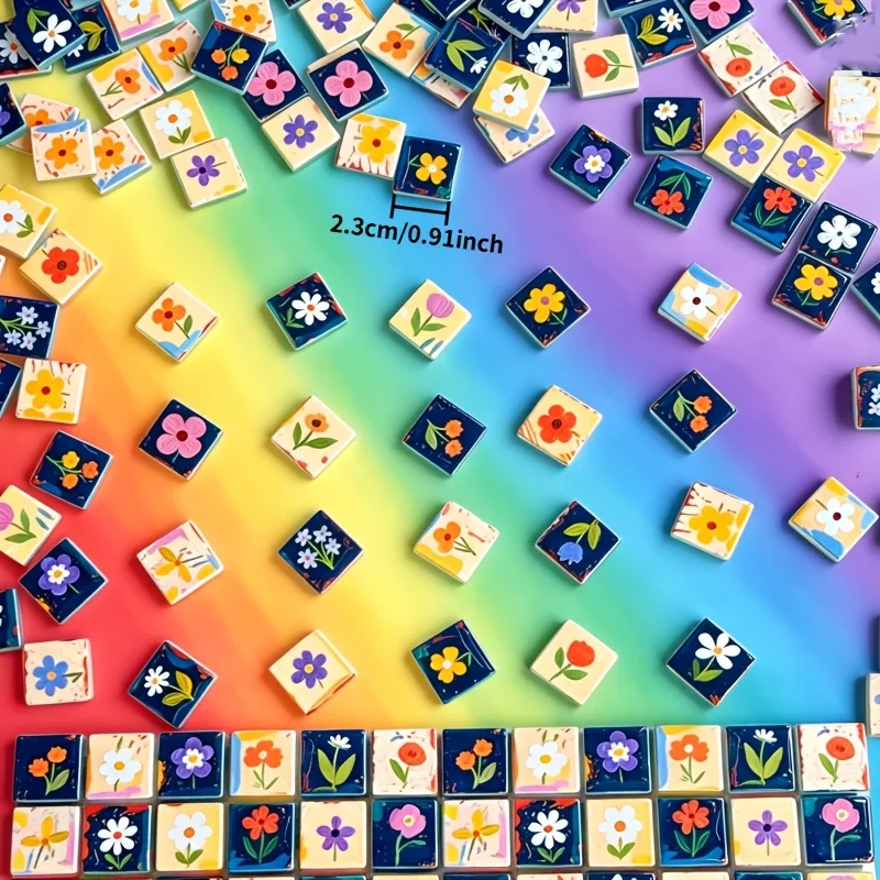 100/200 Grams of Healing Mosaic Materials, 2.3*2.3cm Ins-Style Floral Printed Mosaic Glass, Suitable for DIY Coasters, Photo Frames, Wall Collages, Vase Decorations, and Creative Crafts