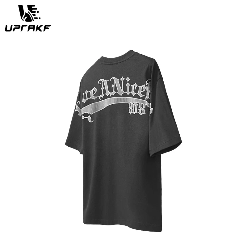 UPRAKF Y2K Streetwear T Shirt Cotton West Coast American Letter Print Drop Shoulder Short Sleeve Tees Summer Oversized Unisex