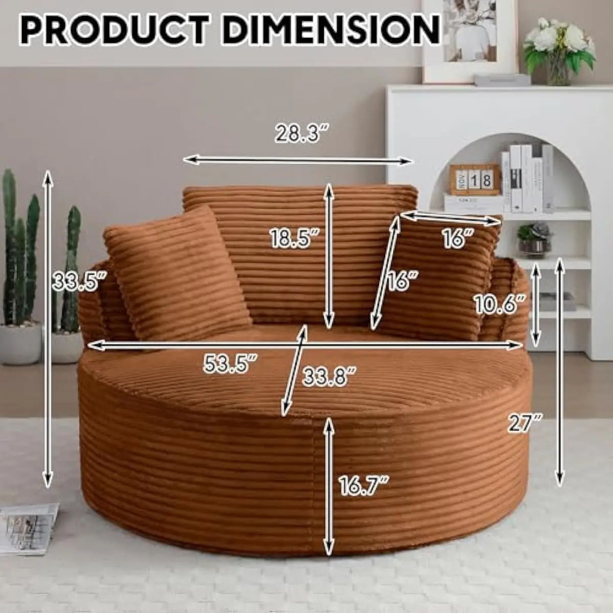 Oversized circular lounge chair with deep plush corduroy seat, 53.5 inch diameter, modern minimalist design, high-density foam c