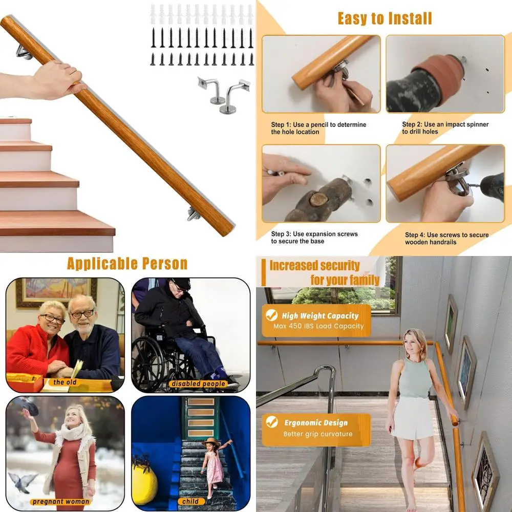 درابزين درج خشبي غير قابل للانزلاق بطول 3 أقدام - قضبان إمساك آمنة لكبار السن، درابزين خالي من العوائق مثبت على الحائط لكبار السن #1