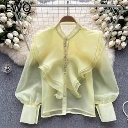 EWQ Summer Sunscreen Ruffled Design Shirt Women Long Sleeved Mesh Fashion Single Breasted Tops Clothing 2024 Casual New 27X142