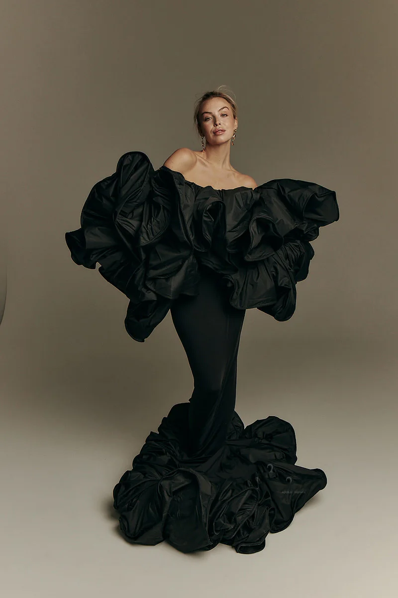 Preto sereia mangas em camadas vestido feminino grávida chique longo vestido de maternidade elegância tafetá fora do ombro vestidos de maternidade