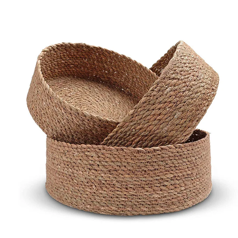 Kitchen Storage Basket Circular Woven Rush Straw Articles for Cosmetics Organizer Table Sundries Dried Fruit  Bread Candy Tray